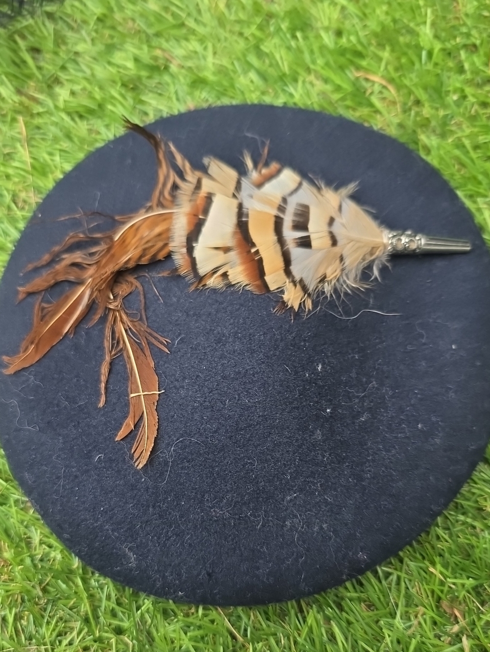 Striped Brown & Cream Feather Hat Pin - Decorative Accent